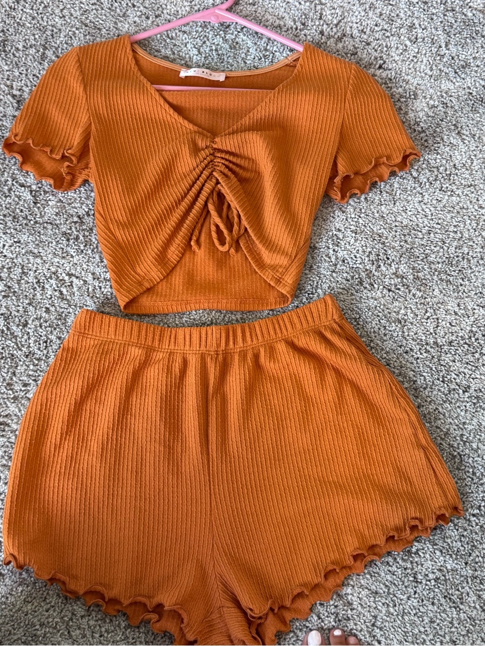 Blue Blush Orange Ribbed Two-Piece Skirt Set
